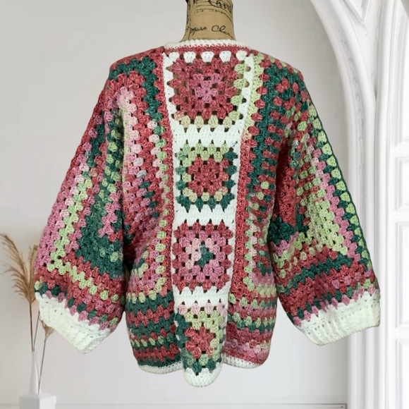 Handcrafted Crochet Granny Square Hexagon Sweater Cardigan New Open Front - Picture 9 of 12